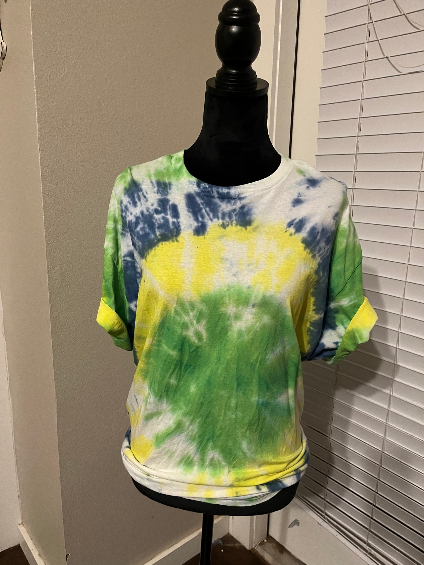 Blue, green and yellow tie-dye T-shirt