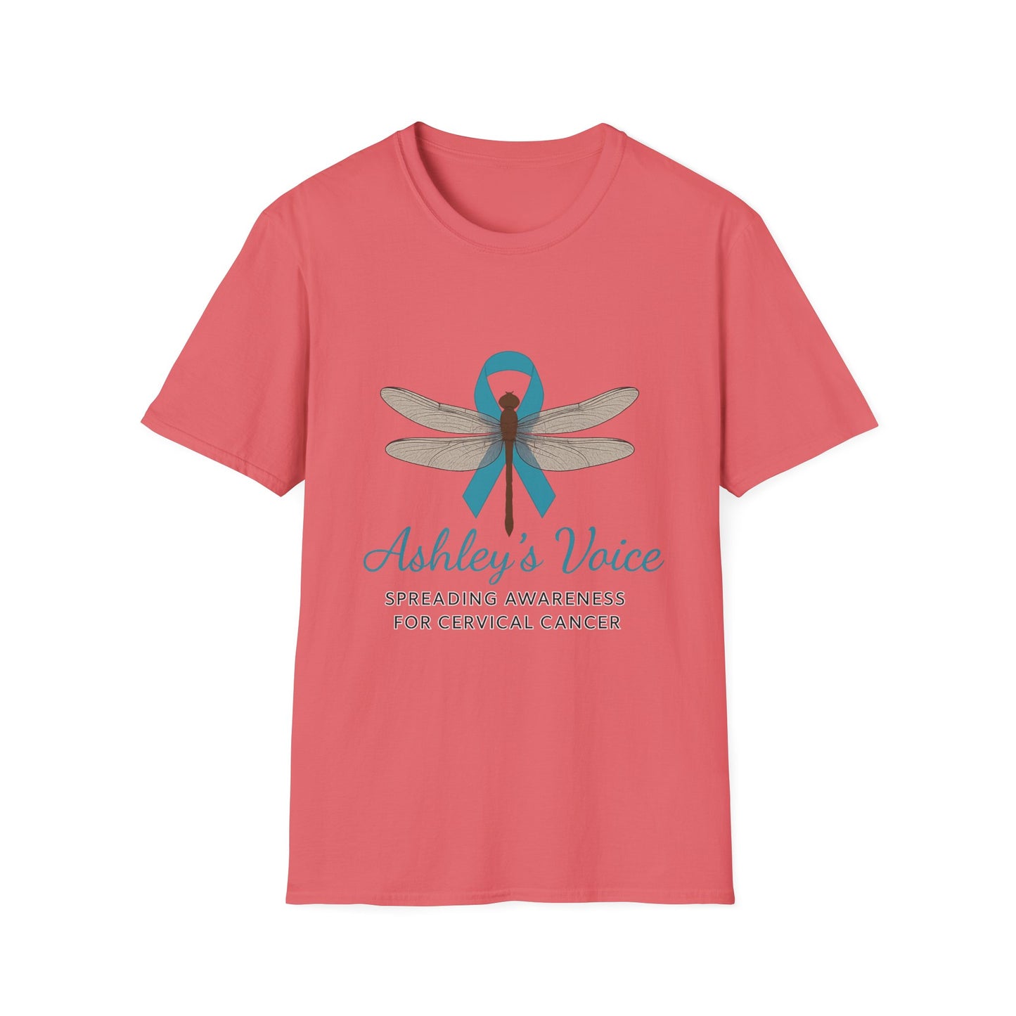 Cervical Cancer Awareness T-Shirt, Unisex Softstyle Tee, Supportive Gift, Dragonfly Design, #HerVoiceLivesOn, Awareness Apparel