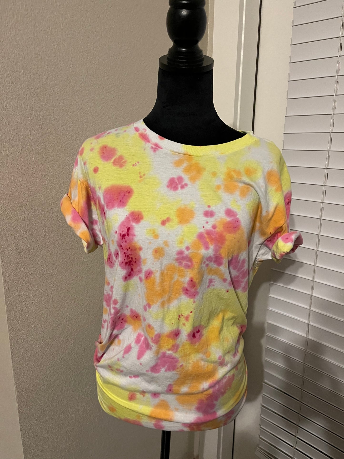 Pink, yellow and orange tie dye T shirt