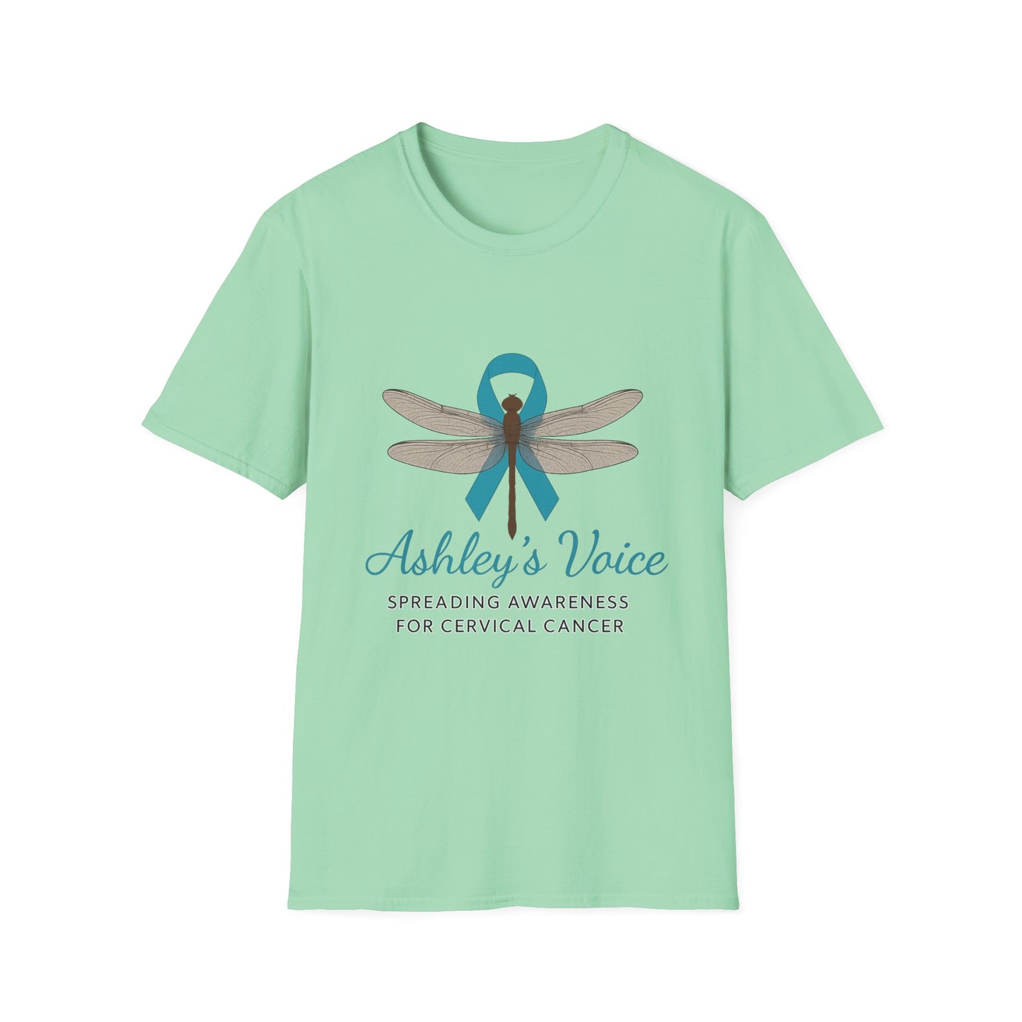 Cervical Cancer Awareness T-Shirt, Unisex Softstyle Tee, Supportive Gift, Dragonfly Design, #HerVoiceLivesOn, Awareness Apparel