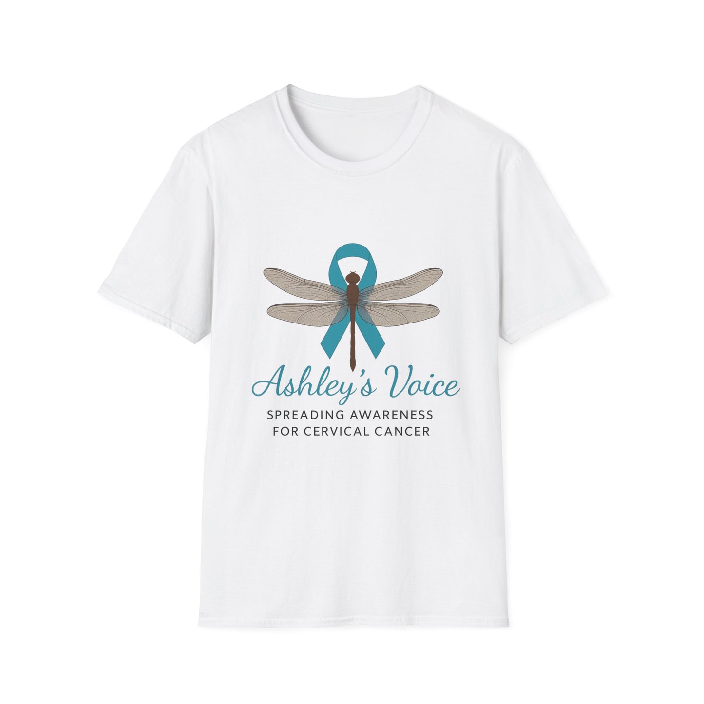Cervical Cancer Awareness T-Shirt, Unisex Softstyle Tee, Supportive Gift, Dragonfly Design, #HerVoiceLivesOn, Awareness Apparel