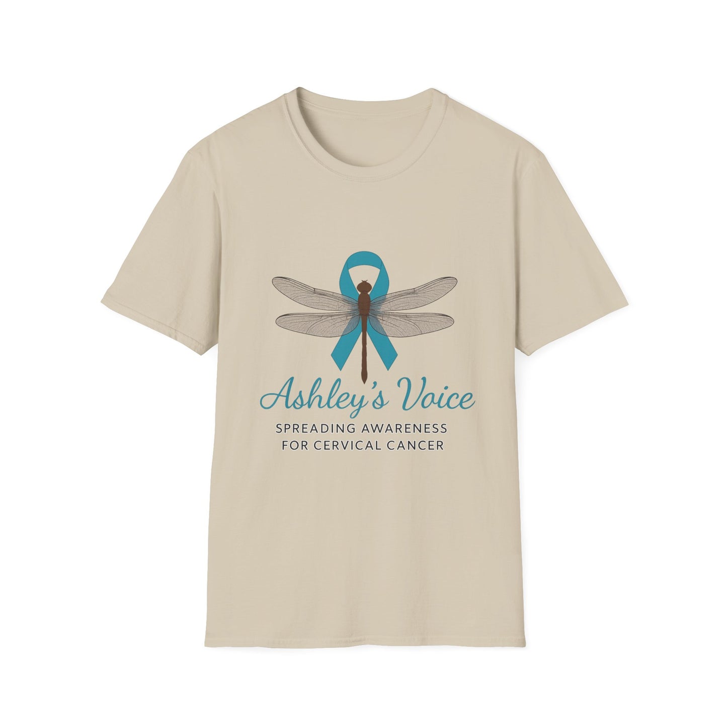 Cervical Cancer Awareness T-Shirt, Unisex Softstyle Tee, Supportive Gift, Dragonfly Design, #HerVoiceLivesOn, Awareness Apparel