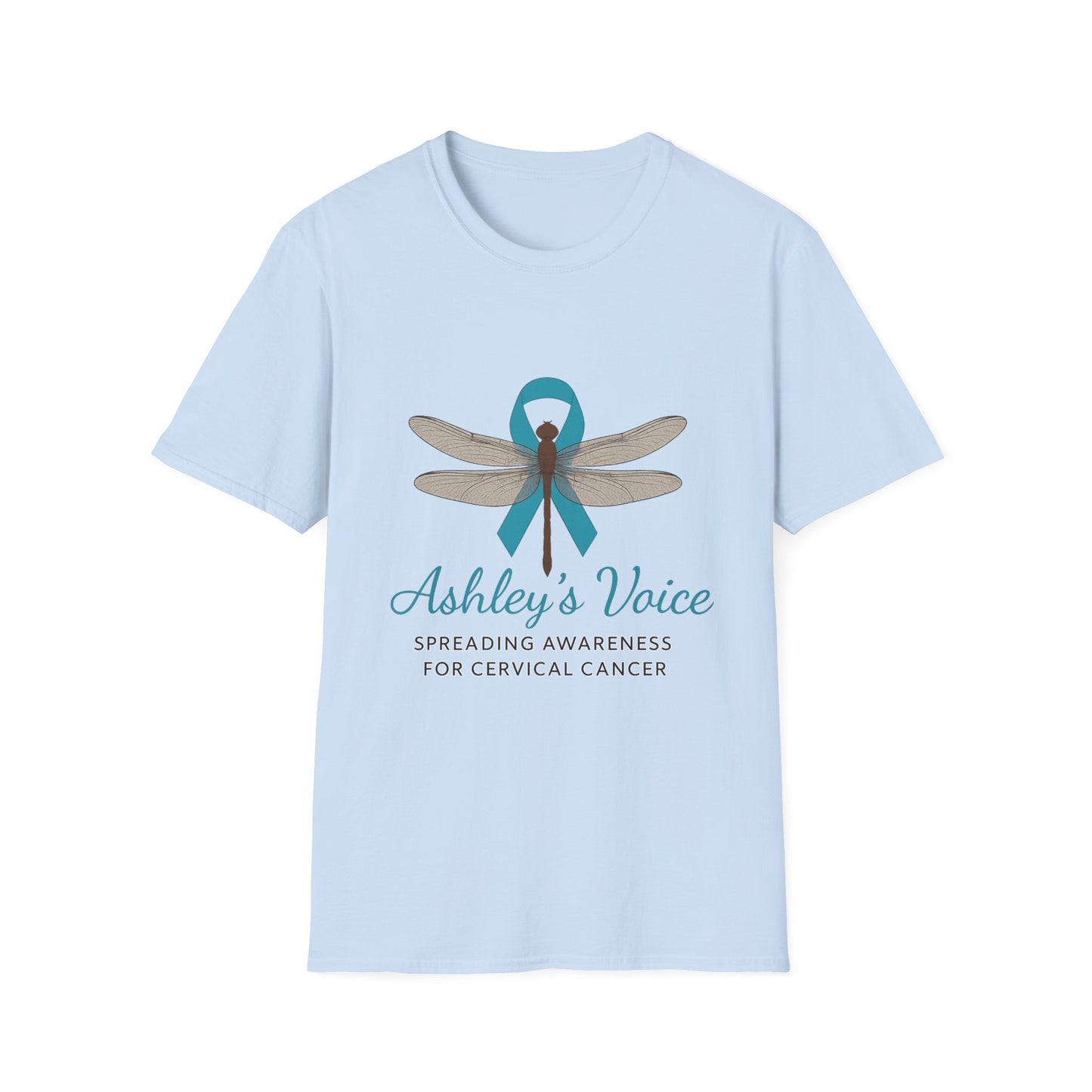 Cervical Cancer Awareness T-Shirt, Unisex Softstyle Tee, Supportive Gift, Dragonfly Design, #HerVoiceLivesOn, Awareness Apparel