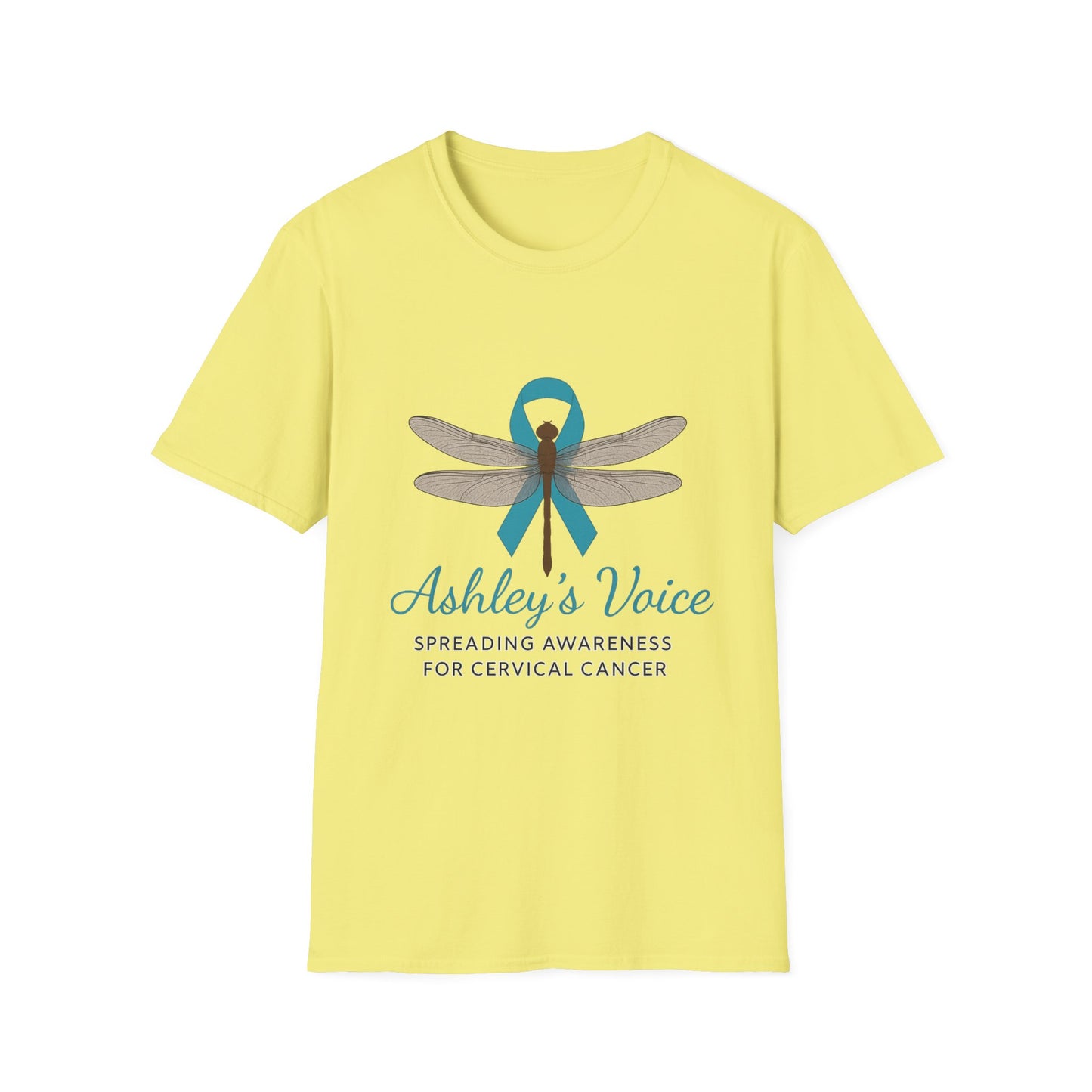 Cervical Cancer Awareness T-Shirt, Unisex Softstyle Tee, Supportive Gift, Dragonfly Design, #HerVoiceLivesOn, Awareness Apparel