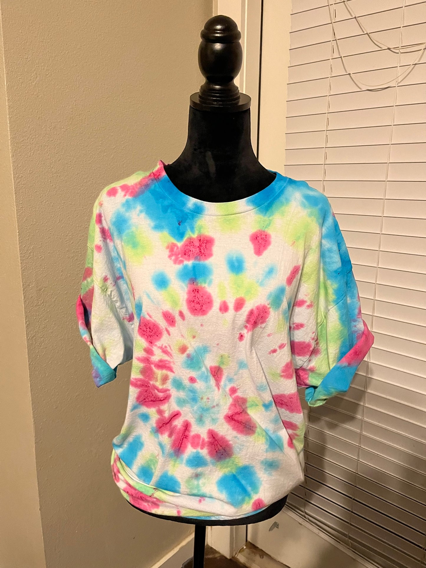 Blue, pink and green tie dye T shirt