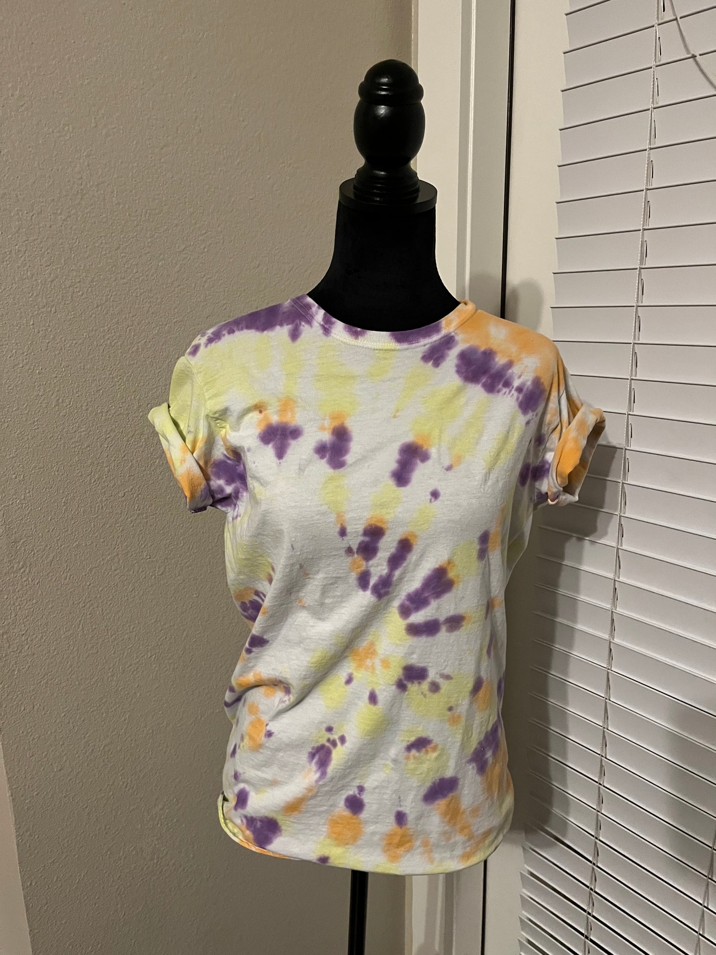 Purple, orange and yellow tie dye T shirt