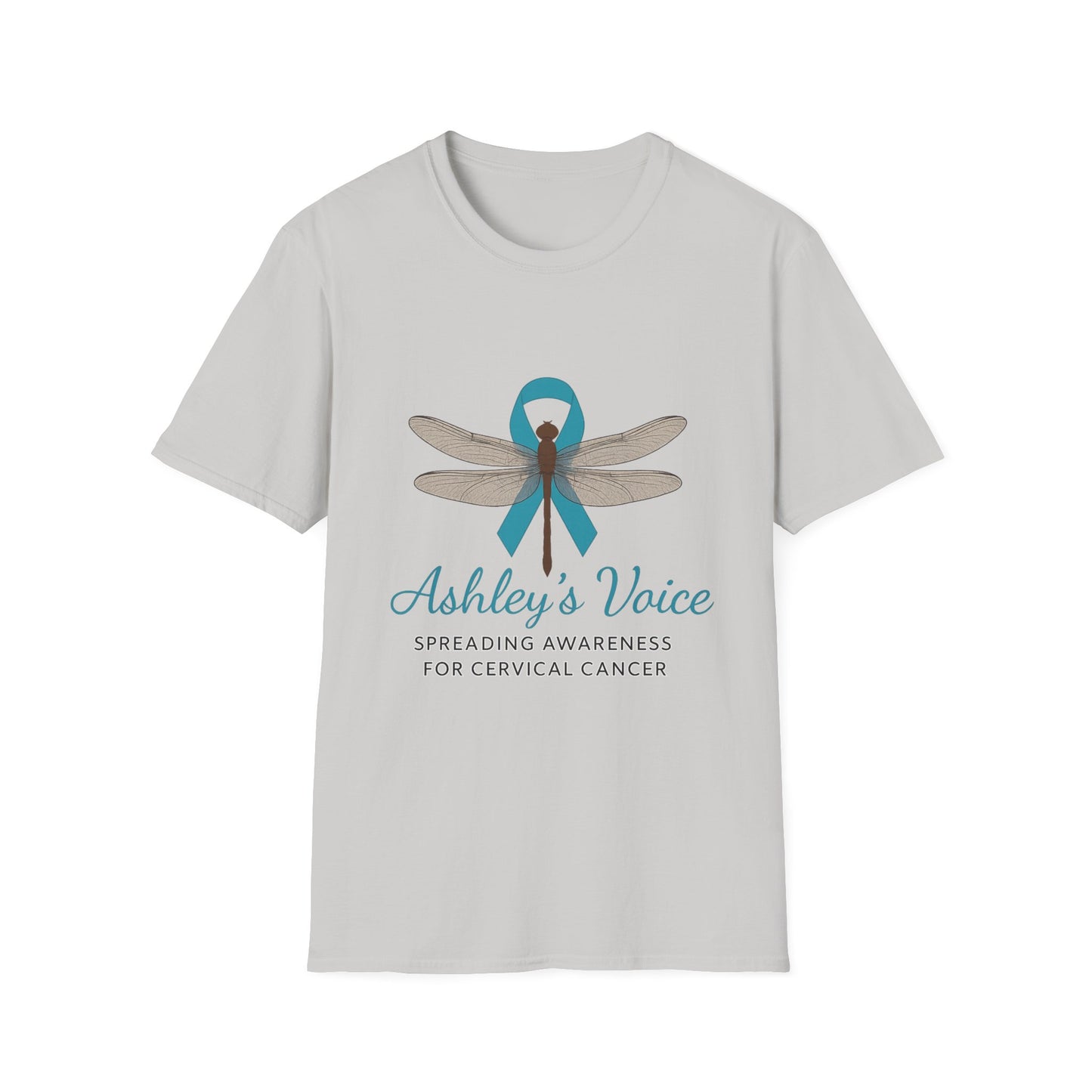 Cervical Cancer Awareness T-Shirt, Unisex Softstyle Tee, Supportive Gift, Dragonfly Design, #HerVoiceLivesOn, Awareness Apparel