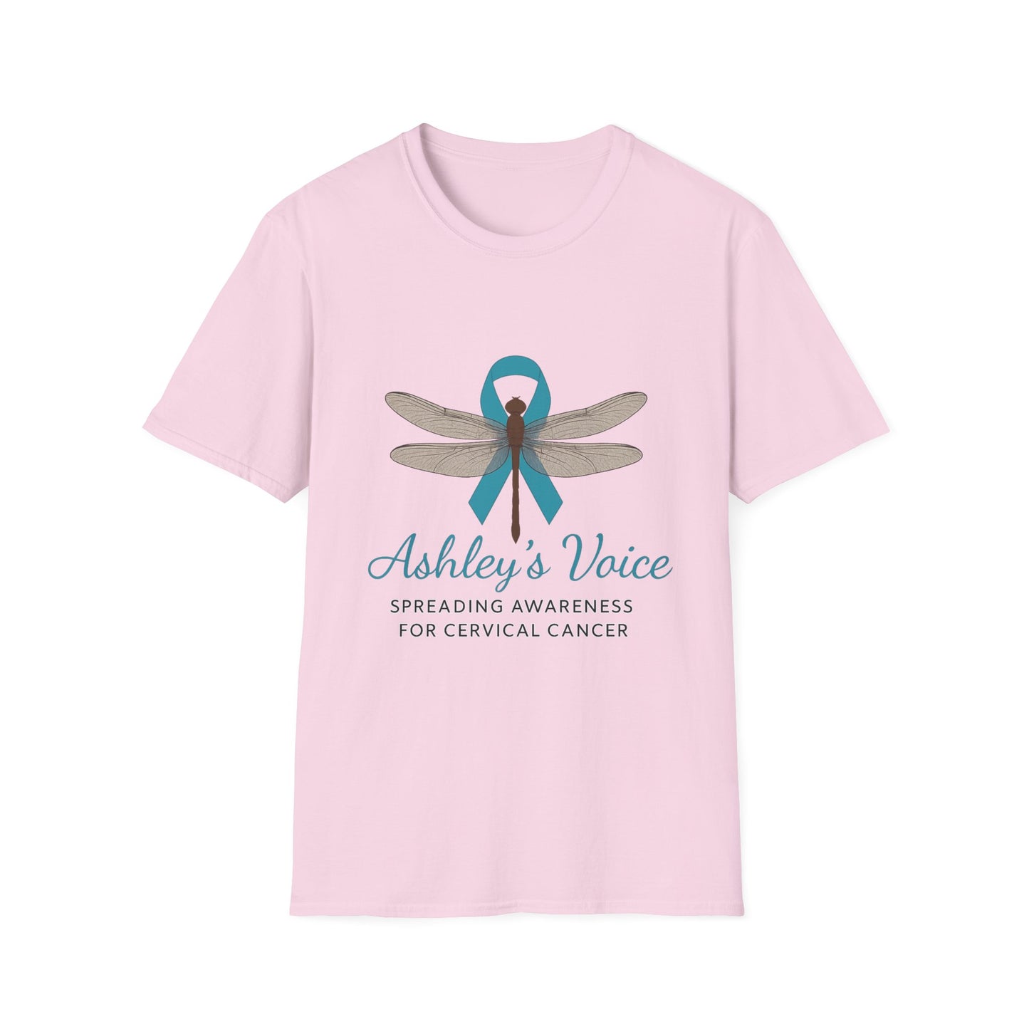 Cervical Cancer Awareness T-Shirt, Unisex Softstyle Tee, Supportive Gift, Dragonfly Design, #HerVoiceLivesOn, Awareness Apparel