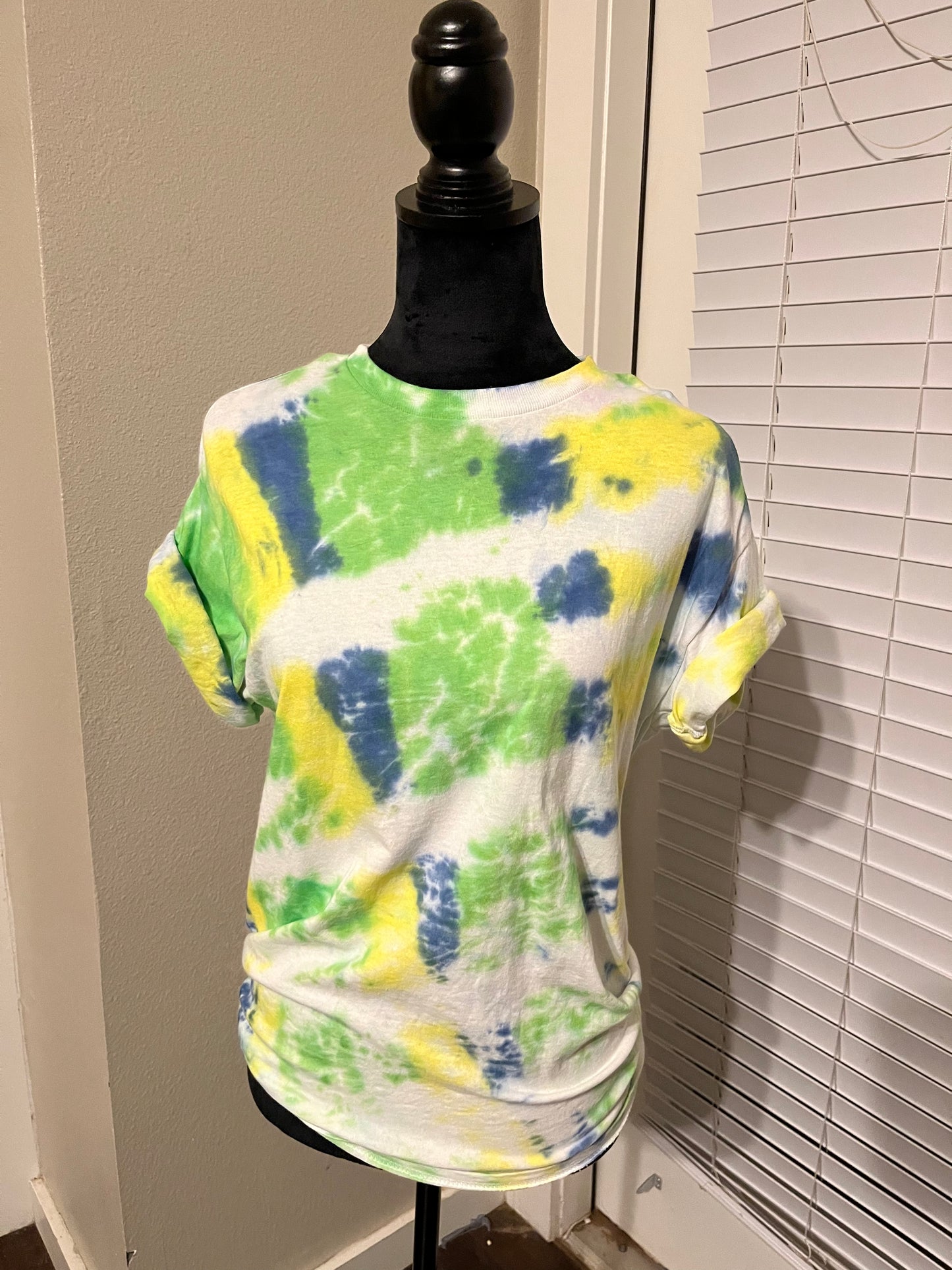 Blue, green and yellow tie-dye T-shirt