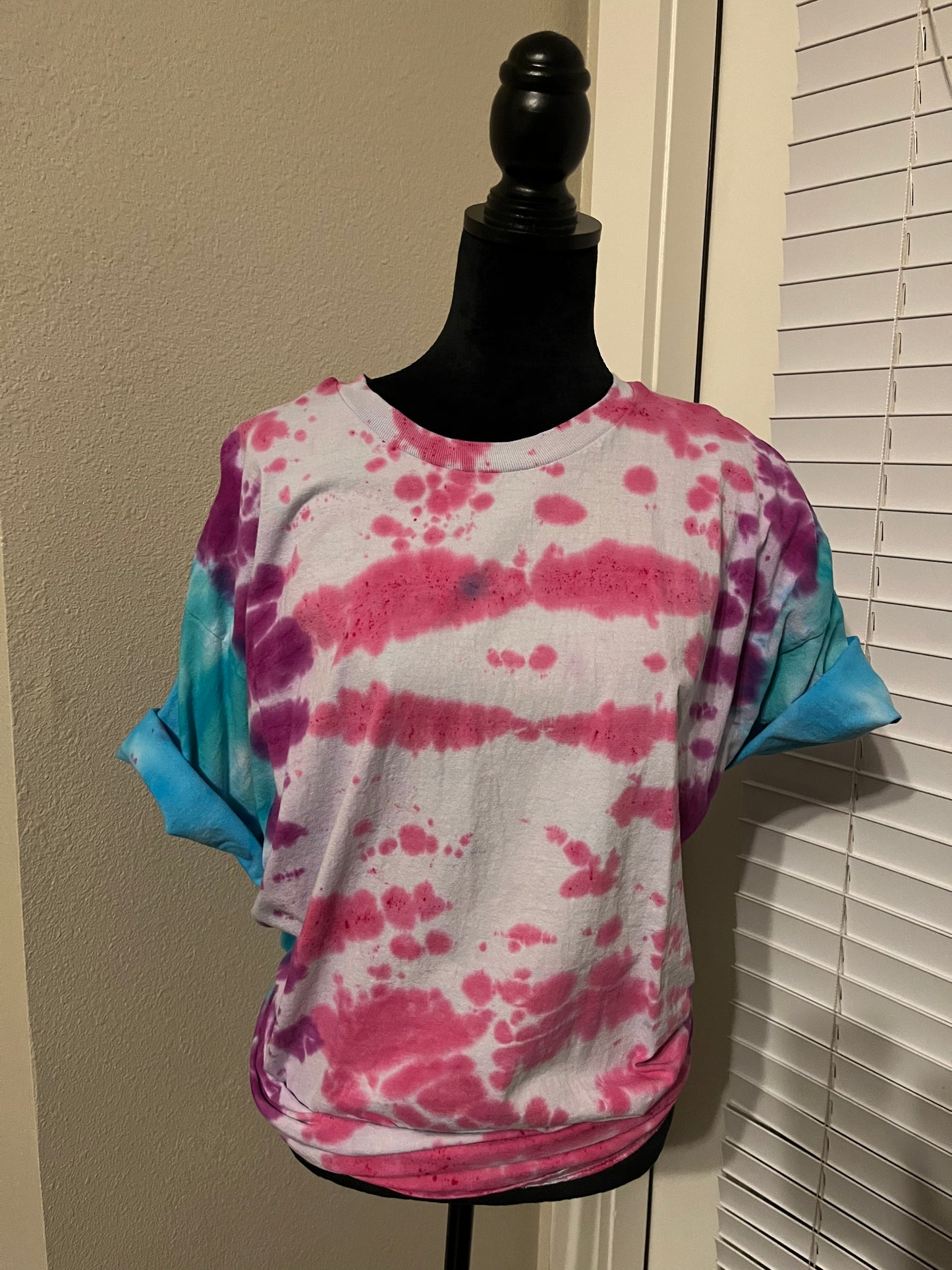 Pink, blue and purple tie-dye T shirt